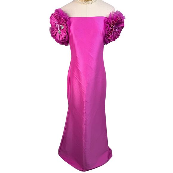 Badgley Mischka Mikado Mermaid Gown Off-Shoulder Pinwheel Flowers pink size 4 - Picture 8 of 15